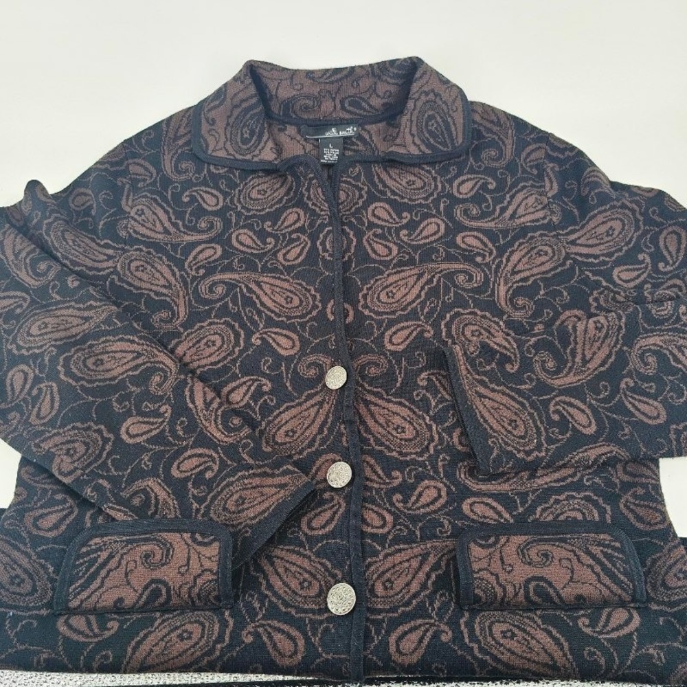 Willi Smith Cardigan Women Large Black Brown  Paisley Knit Button Front